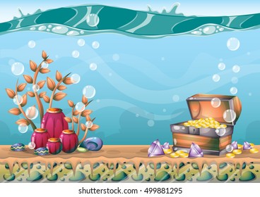 cartoon vector underwater treasure background with separated layers for game art and animation game design asset in 2d graphic