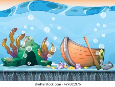cartoon vector underwater treasure background with separated layers for game art and animation game design asset in 2d graphic