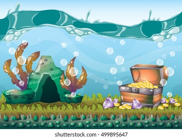 cartoon vector underwater treasure background with separated layers for game art and animation game design asset in 2d graphic