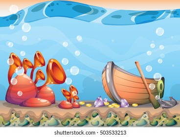 cartoon vector underwater treasure background with separated layers for game art and animation game design asset in 2d graphic