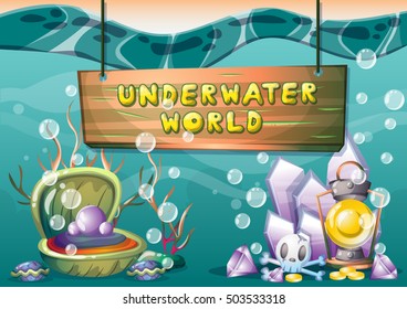 cartoon vector underwater treasure background with separated layers for game art and animation game design asset in 2d graphic