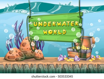 cartoon vector underwater treasure background with separated layers for game art and animation game design asset in 2d graphic
