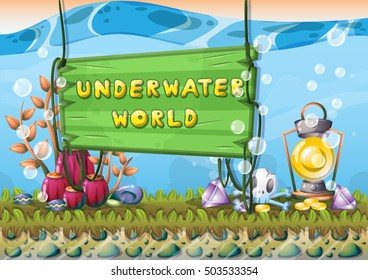 cartoon vector underwater treasure background with separated layers for game art and animation game design asset in 2d graphic
