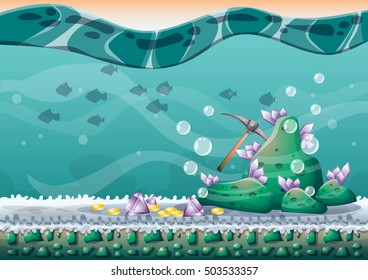 cartoon vector underwater treasure background with separated layers for game art and animation game design asset in 2d graphic