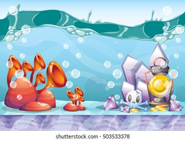 cartoon vector underwater treasure background with separated layers for game art and animation game design asset in 2d graphic