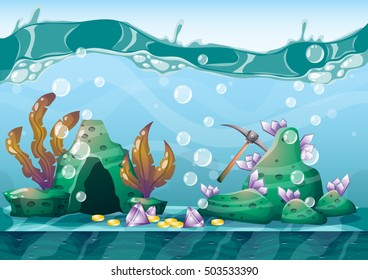 cartoon vector underwater treasure background with separated layers for game art and animation game design asset in 2d graphic