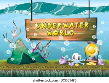 cartoon vector underwater treasure background with separated layers for game art and animation game design asset in 2d graphic