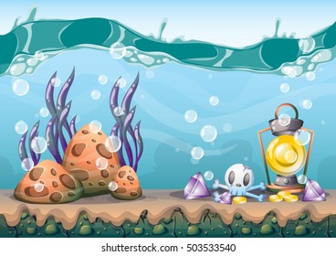 cartoon vector underwater treasure background with separated layers for game art and animation game design asset in 2d graphic