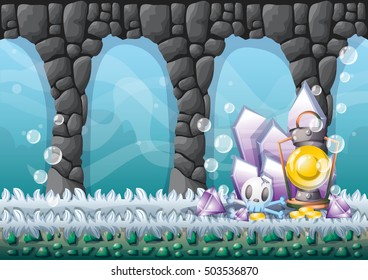 cartoon vector underwater treasure background with separated layers for game art and animation game design asset in 2d graphic