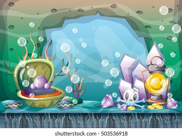 cartoon vector underwater treasure background with separated layers for game art and animation game design asset in 2d graphic