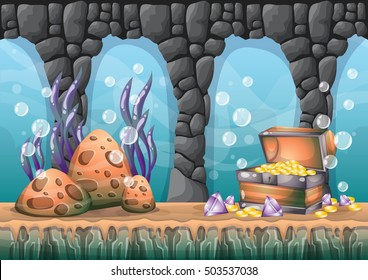 cartoon vector underwater treasure background with separated layers for game art and animation game design asset in 2d graphic