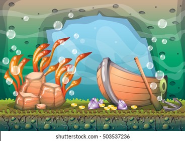 cartoon vector underwater treasure background with separated layers for game art and animation game design asset in 2d graphic