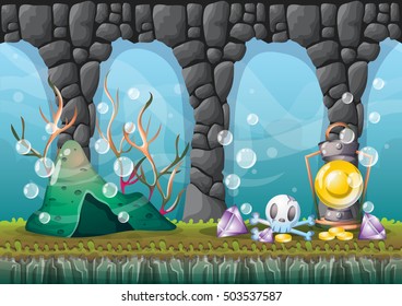 cartoon vector underwater treasure background with separated layers for game art and animation game design asset in 2d graphic