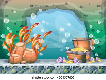 cartoon vector underwater treasure background with separated layers for game art and animation game design asset in 2d graphic
