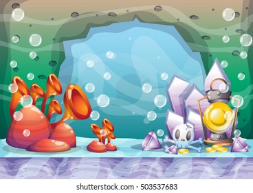 cartoon vector underwater treasure background with separated layers for game art and animation game design asset in 2d graphic