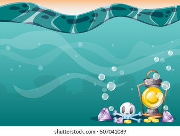 cartoon vector underwater treasure background with separated layers for game art and animation game design asset in 2d graphic