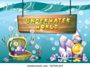 cartoon vector underwater treasure background with separated layers for game art and animation game design asset in 2d graphic
