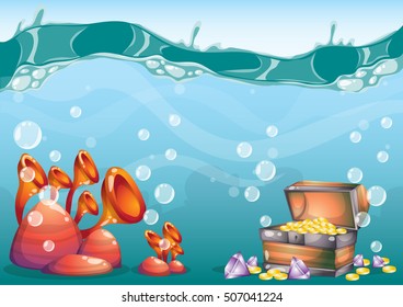 cartoon vector underwater treasure background with separated layers for game art and animation game design asset in 2d graphic
