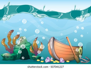 cartoon vector underwater treasure background with separated layers for game art and animation game design asset in 2d graphic