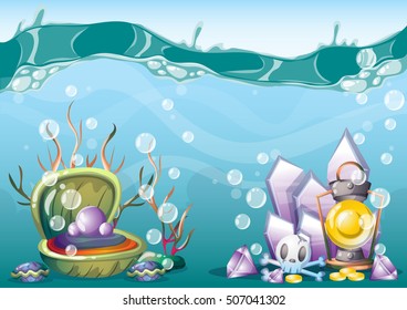 cartoon vector underwater treasure background with separated layers for game art and animation game design asset in 2d graphic