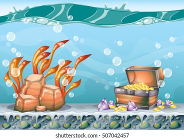 cartoon vector underwater treasure background with separated layers for game art and animation game design asset in 2d graphic