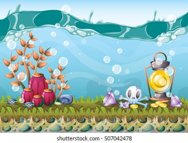 cartoon vector underwater treasure background with separated layers for game art and animation game design asset in 2d graphic