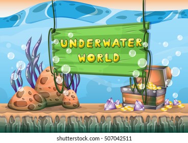 cartoon vector underwater treasure background with separated layers for game art and animation game design asset in 2d graphic