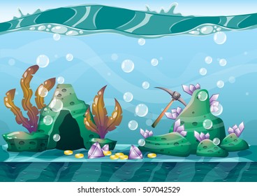 cartoon vector underwater treasure background with separated layers for game art and animation game design asset in 2d graphic