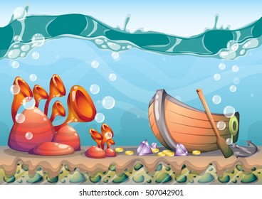 cartoon vector underwater treasure background with separated layers for game art and animation game design asset in 2d graphic
