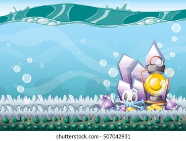 cartoon vector underwater treasure background with separated layers for game art and animation game design asset in 2d graphic