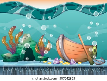 cartoon vector underwater treasure background with separated layers for game art and animation game design asset in 2d graphic