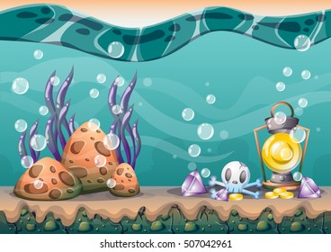 cartoon vector underwater treasure background with separated layers for game art and animation game design asset in 2d graphic