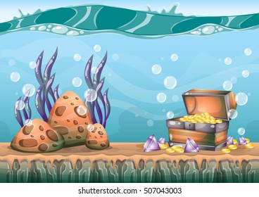 cartoon vector underwater treasure background with separated layers for game art and animation game design asset in 2d graphic