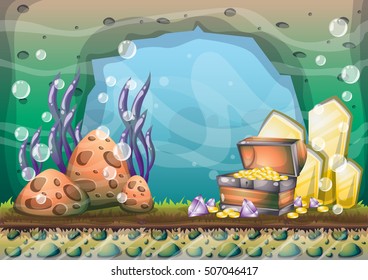 cartoon vector underwater treasure background with separated layers for game art and animation game design asset in 2d graphic