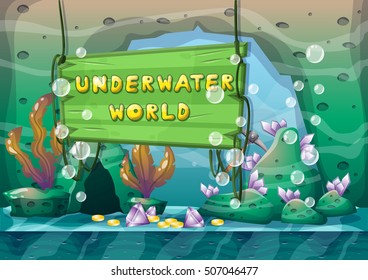cartoon vector underwater treasure background with separated layers for game art and animation game design asset in 2d graphic