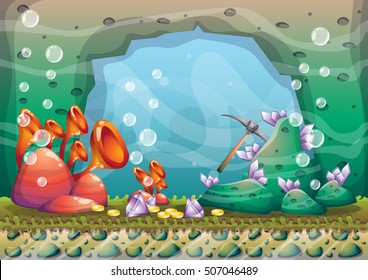cartoon vector underwater treasure background with separated layers for game art and animation game design asset in 2d graphic