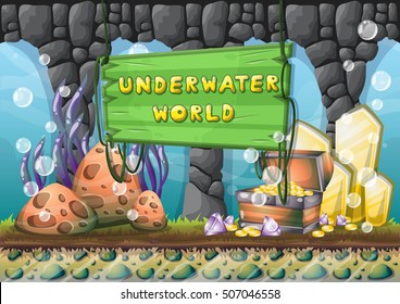 cartoon vector underwater treasure background with separated layers for game art and animation game design asset in 2d graphic