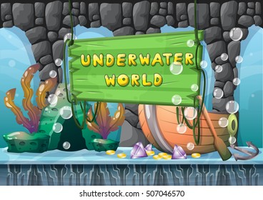 cartoon vector underwater treasure background with separated layers for game art and animation game design asset in 2d graphic