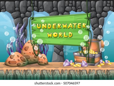 cartoon vector underwater treasure background with separated layers for game art and animation game design asset in 2d graphic