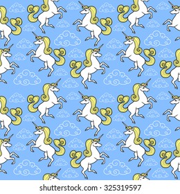 Cartoon vector unicorn with clouds. Seamless pattern background.