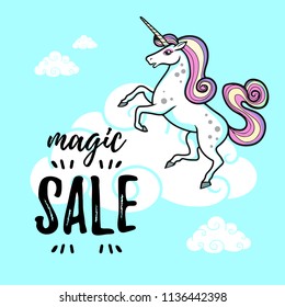 cartoon vector unicorn illustration pop art style with clouds and text "magic sale"
