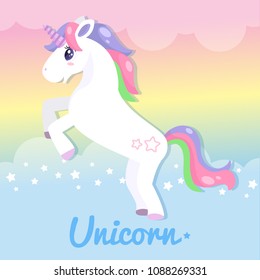 cartoon vector unicorn with rainbow background