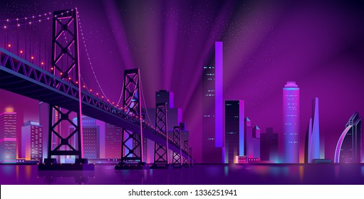Cartoon vector urban background with modern metropolis district, illuminated skyscrapers buildings, bridge over river or bay, projector lights beams in sky. Neon colors future city cyberpunk landscape