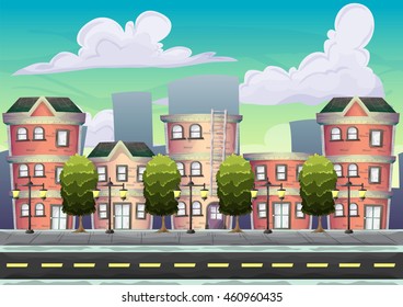 Cartoon vector urban landscape with separated layers for game and animation, game design asset