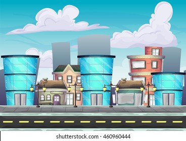 Cartoon vector urban landscape with separated layers for game and animation, game design asset