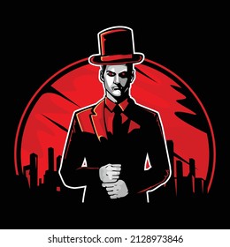 Cartoon vector A vampire on a red city background