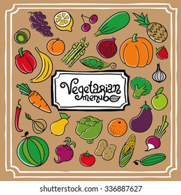 Cartoon vector vegetables and fruits set. All objects isolated. Frame with text. Vegetarian 