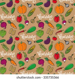 Cartoon vector vegetables seamless background. Perfect for print pack or designed menu.