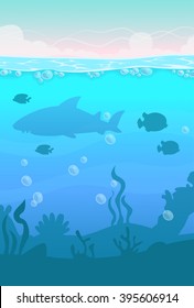 Cartoon vector vertical underwater landscape, sea life illustration