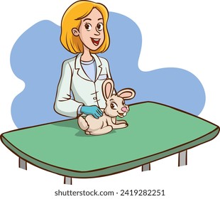 cartoon vector of veterinarian woman treats cute animals.Veterinarian and rabbit examining position isolated illustration